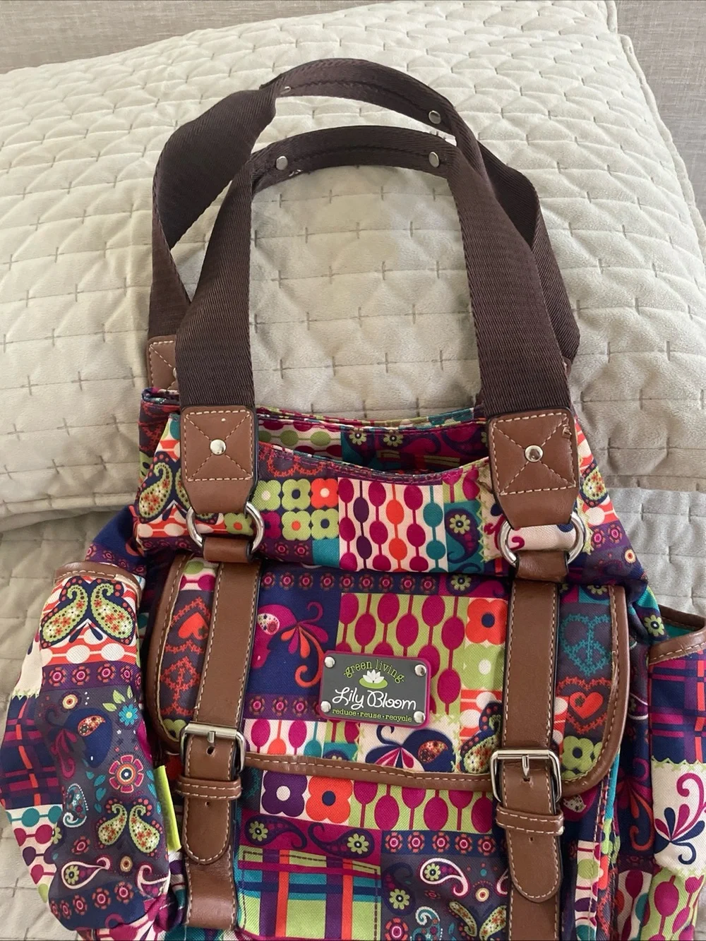 Lily Bloom Multicolor Patchwork Floral & Paisley Backpack with Brown Trim